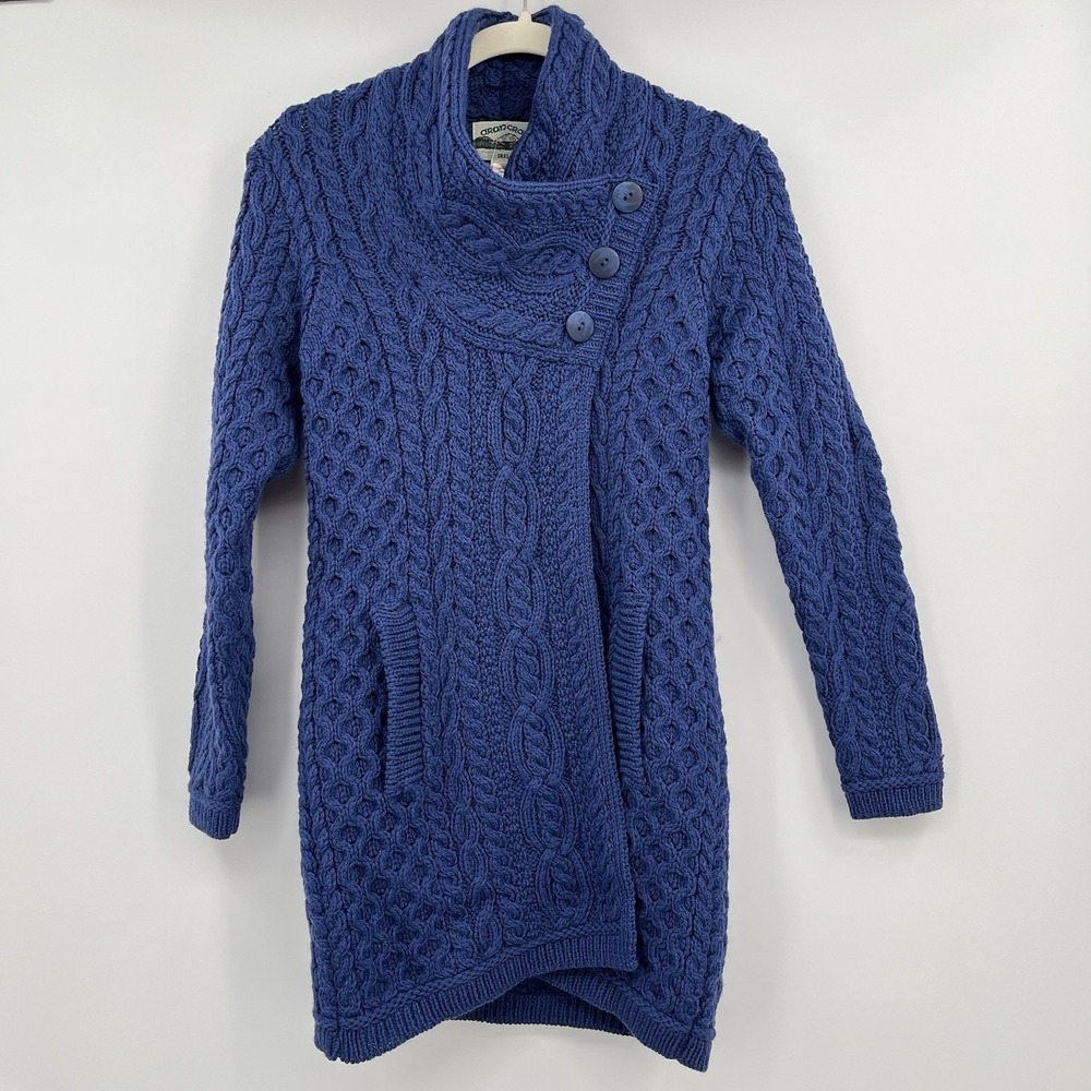 aran crafts sweater women Cable Knit XXS 2XS Blue 100 Merino Wool Fisher Core